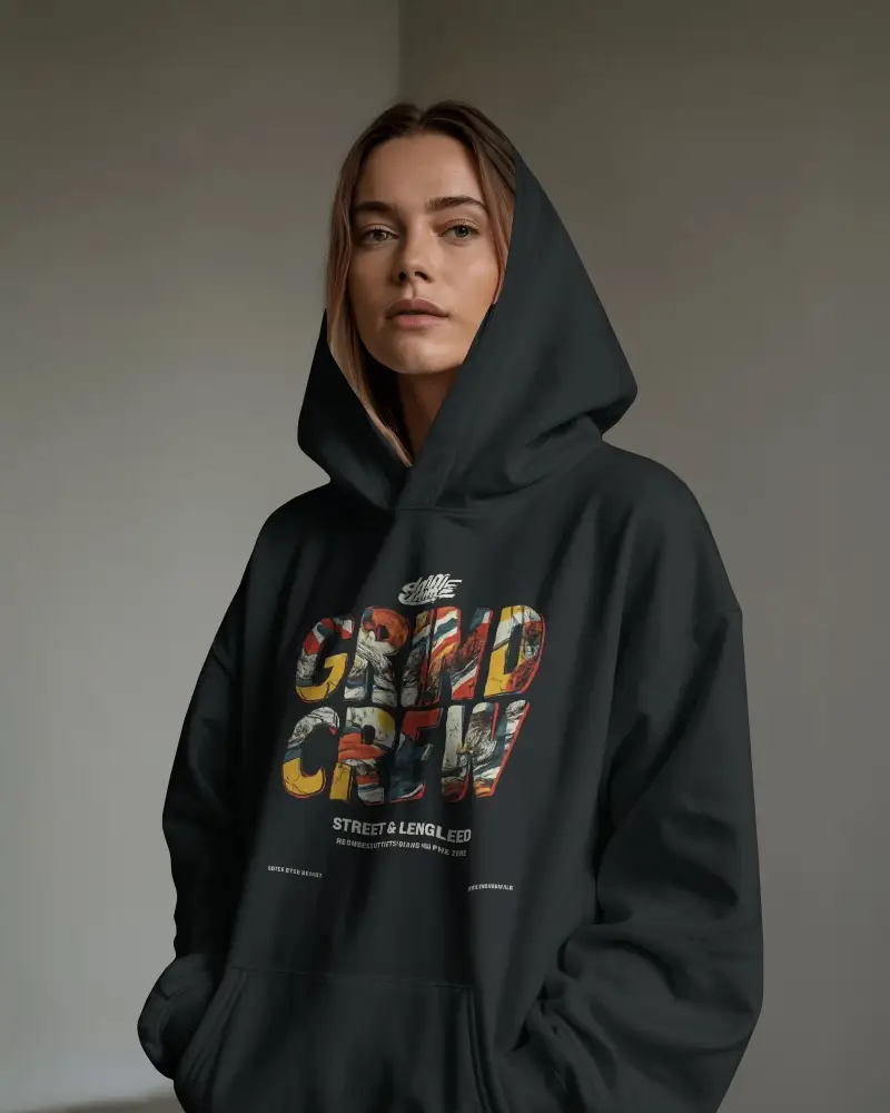 Minimalist Studio Grey Hoodie Mockup Female Model Front View Soft Diffused Light Clean Background