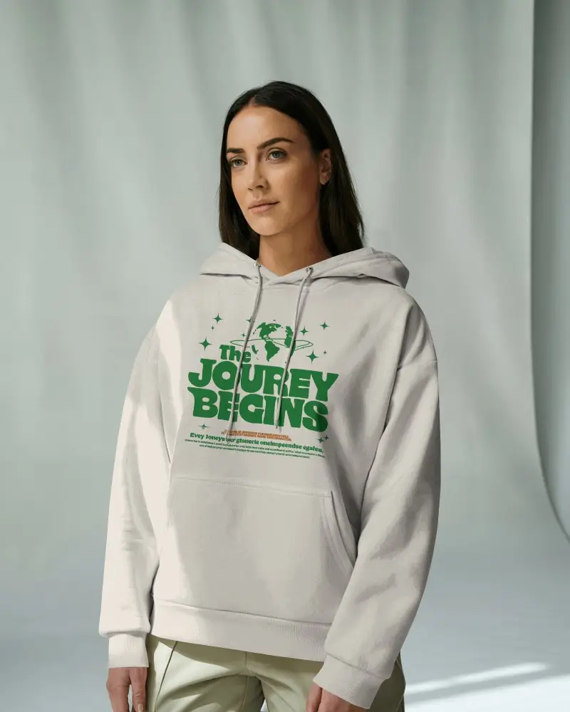 Modern Fashion Hoodie Mockup Female Model Front View Soft Shadow Lighting Minimal Studio