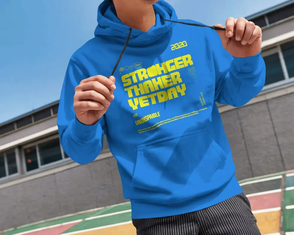 Outdoor Sporty Hoodie Mockup Male Model Pulling Drawstrings Urban Court Background