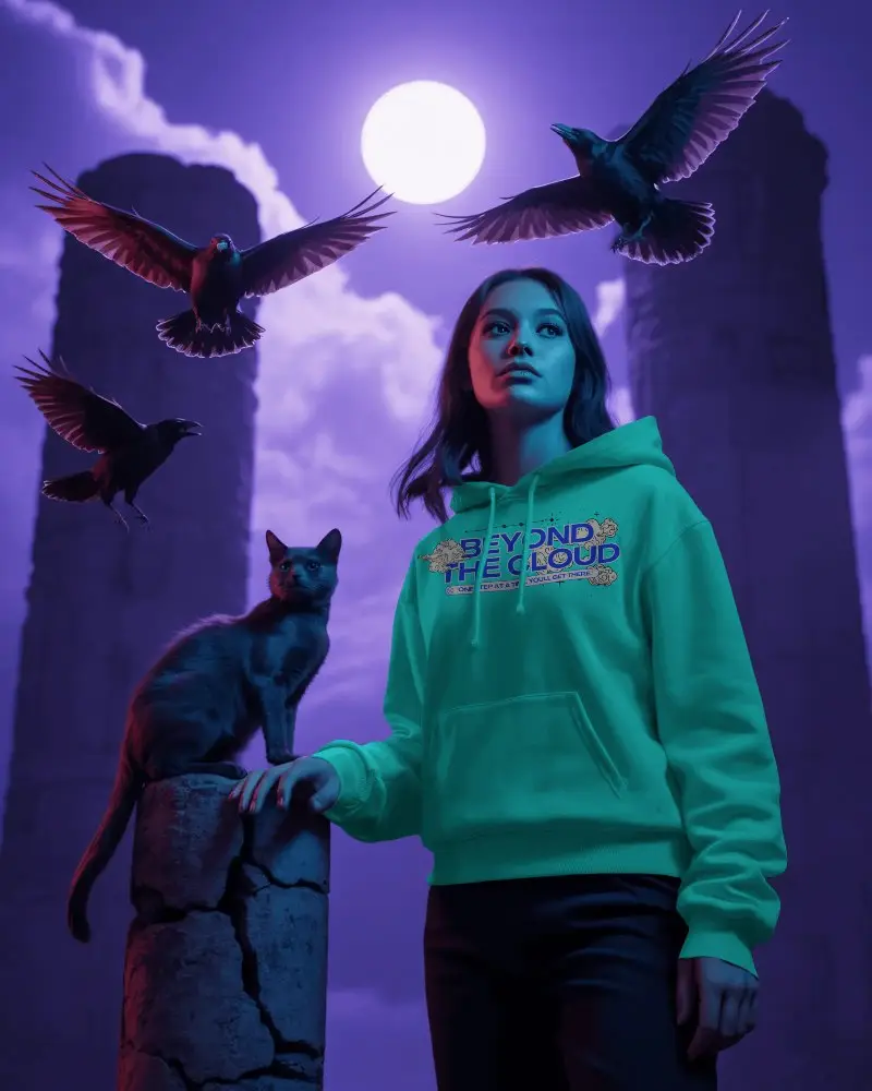 Mystical Nighttime Hoodie Mockup Model Cat Crows Moonlit Ancient Ruins Stylish Comfort Wear