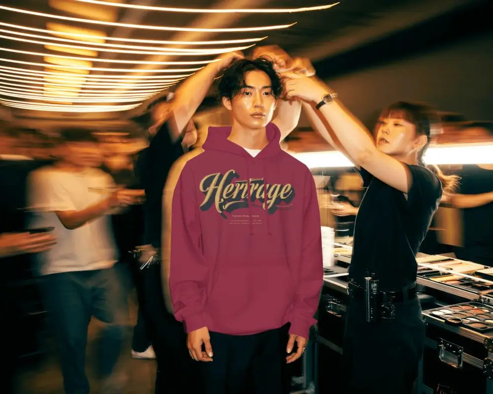 Professional Model Wearing Blank Hoodie Mockup In Studio Environment