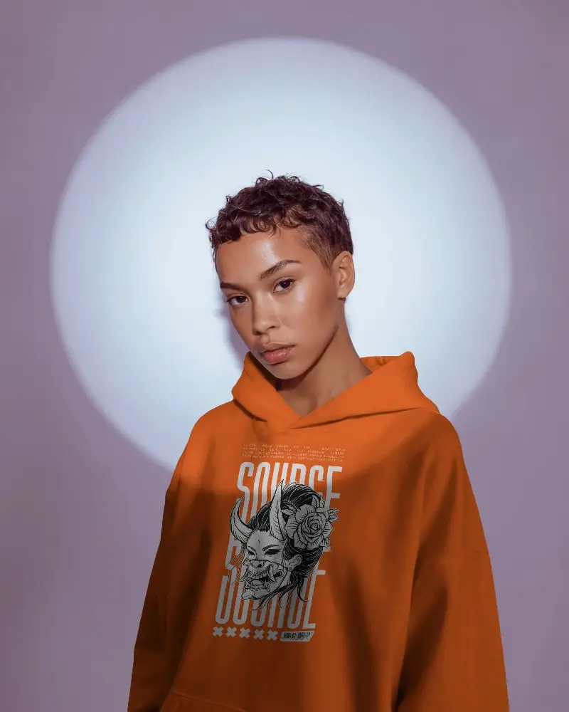 Stylish Female Hoodie Mockup Against Pastel Backdrop For Modern Apparel Designs