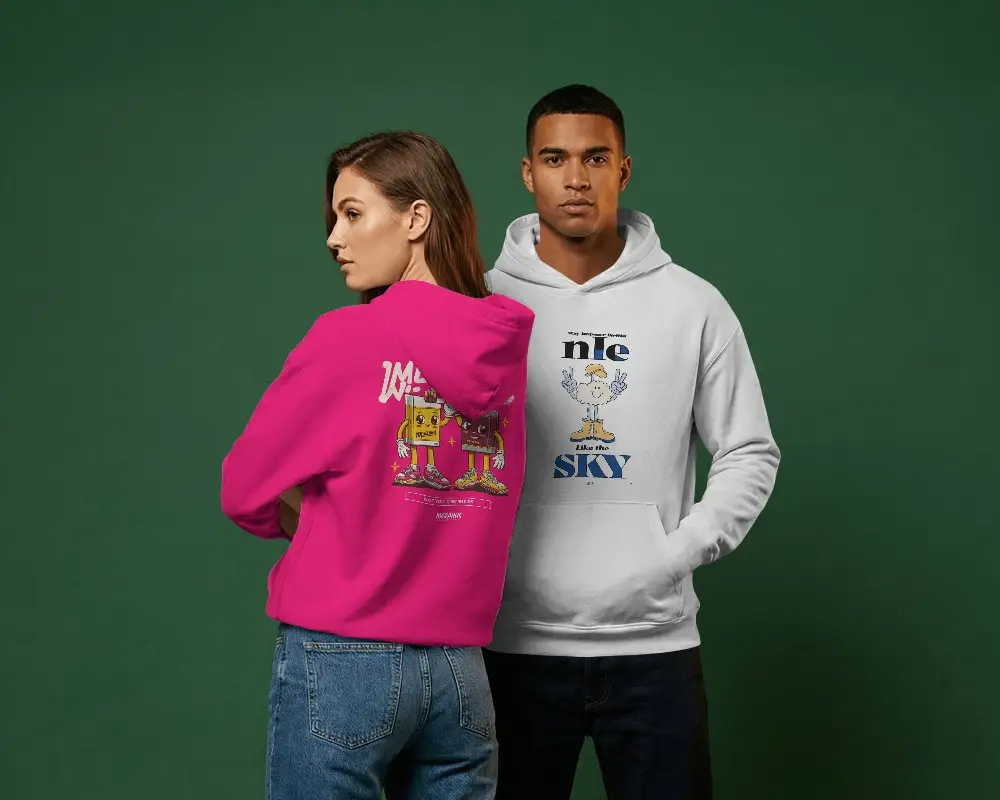 Studio Hoodie Mockup Male And Female Models Standing Back To Back Minimal Fashion Look
