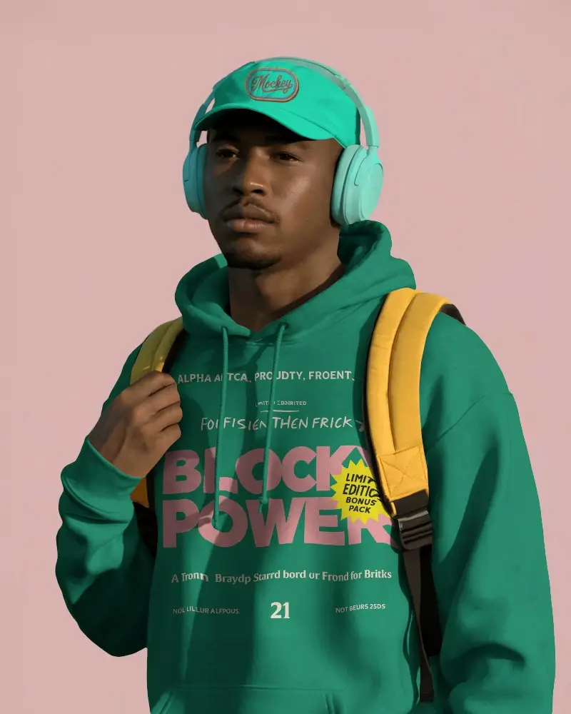 Urban Lifestyle Hoodie Mockup Male Model Wearing Headphones And Backpack Studio Style