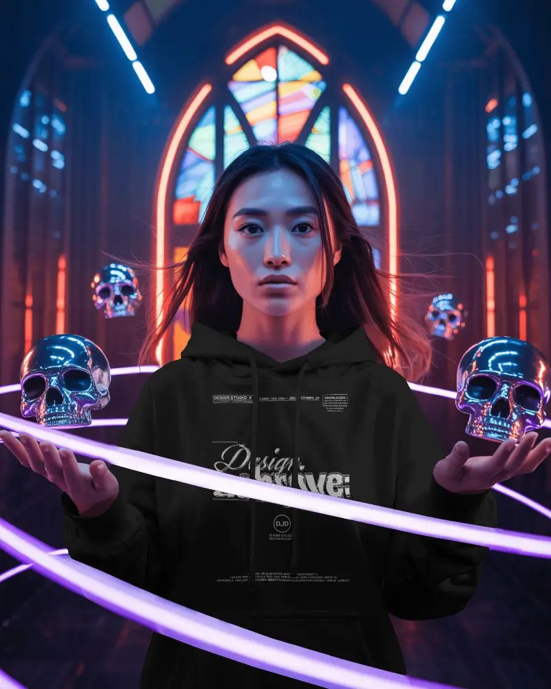 Cinematic Neon Hoodie Mockup Female Model In Futuristic Gothic Interior With Glowing Light