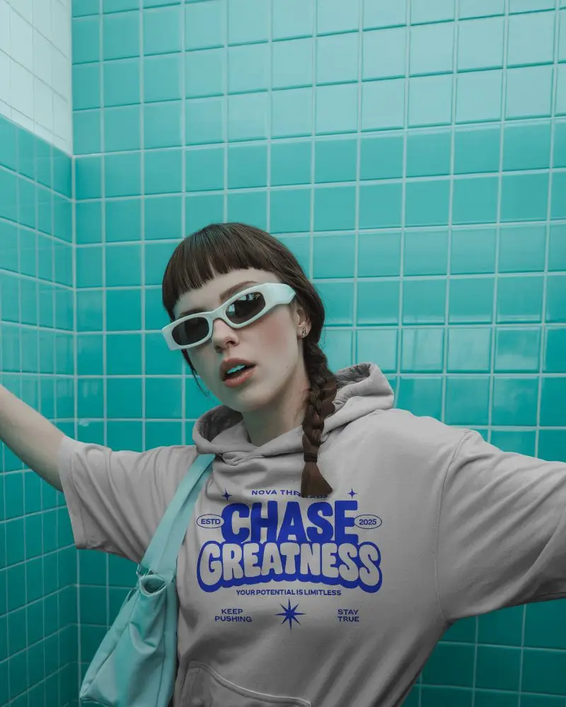 Modern Fashion Hoodie Mockup Woman Posing With Sunglasses In Bold Color Turquoise Interior