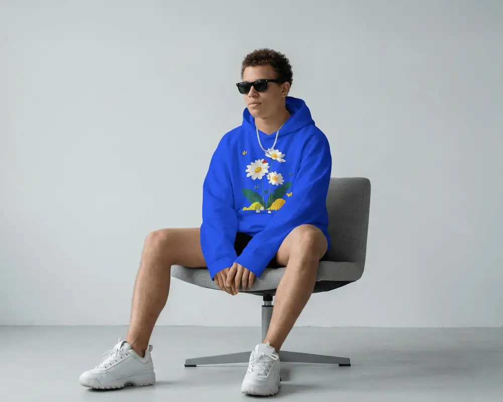 Minimal Studio Hoodie Mockup Male Model Sitting On Chair Clean Modern Fashion Look