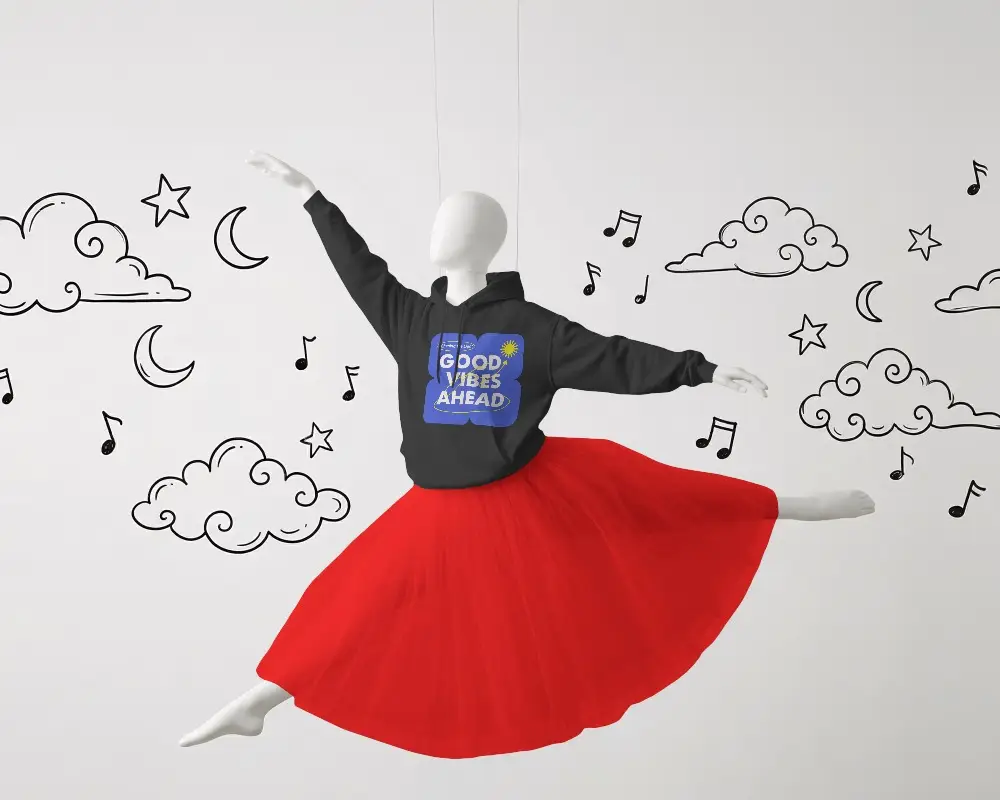 Surreal Editorial Hoodie Mockup Mannequin Dancer Floating In Creative Studio Scene