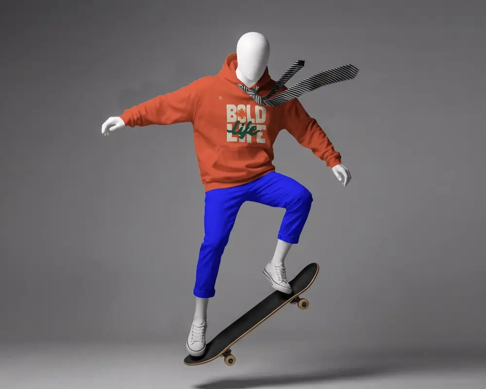 Action Studio Hoodie Mockup Mannequin Performing Skateboard Jump Dynamic Fashion Scene