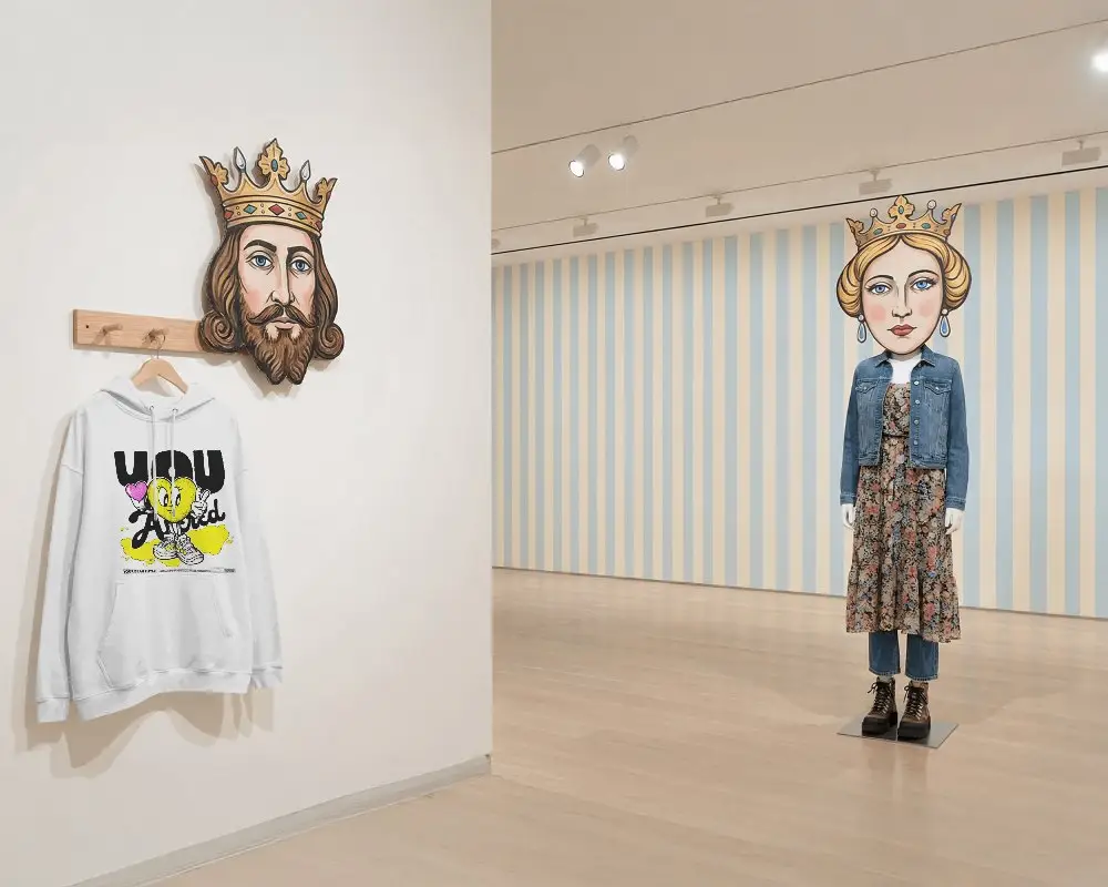 Conceptual Gallery Hoodie Mockup Hanging On Wall Inside Art Exhibition Modern Space