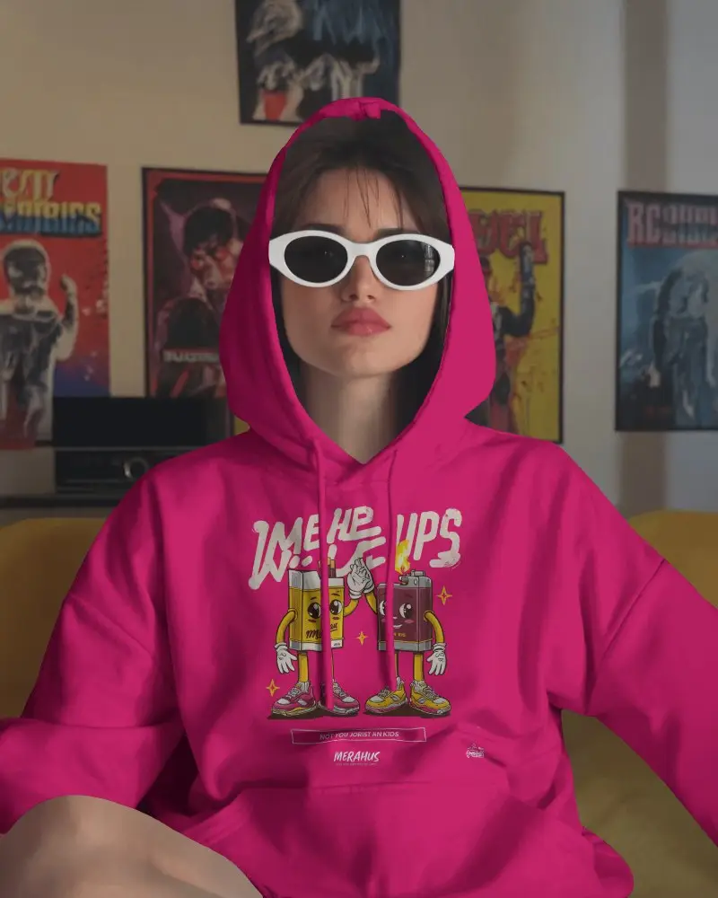 Retro Lifestyle Hoodie Mockup Female Model Wearing Sunglasses In Vintage Poster Room