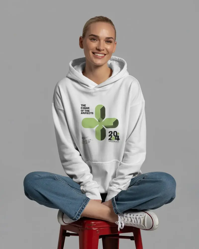 Cozy Casual Women Hoodie Mockup Sitting Cross Legged On Stool Front View