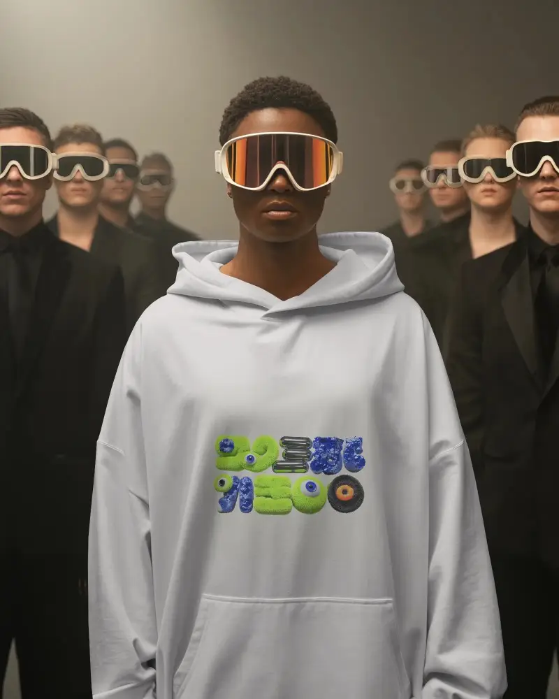 Futuristic Urban Hoodie Mockup With Reflective Goggles And Minimalist Background Style