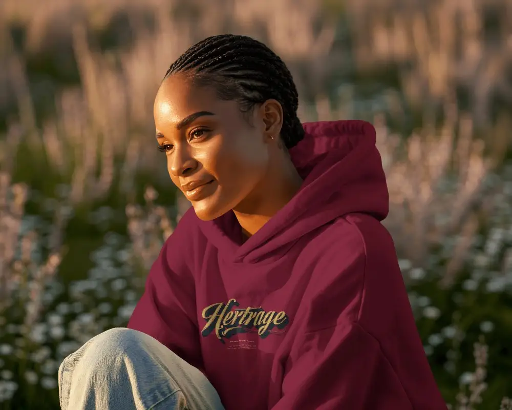 Golden Hour Field Hoodie Mockup Female Model Sitting In Sunlit Meadow Wildflower Landscape