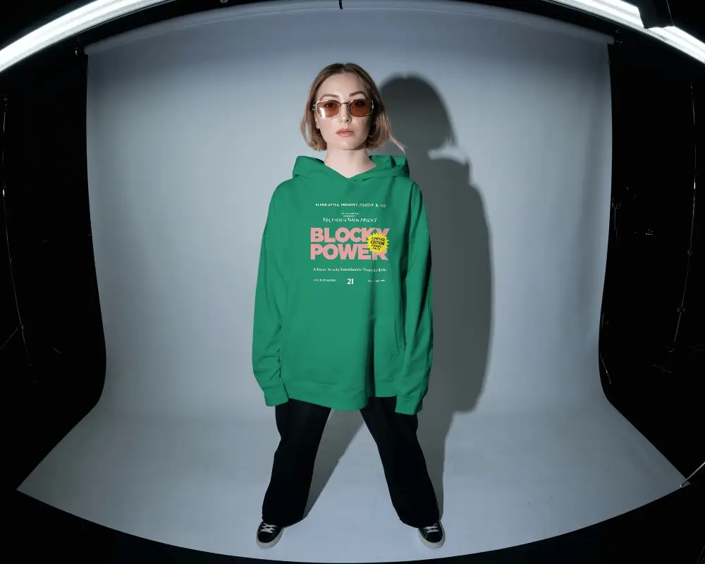 Studio Backdrop Hoodie Mockup Full Body Model Standing With Bold Shadow