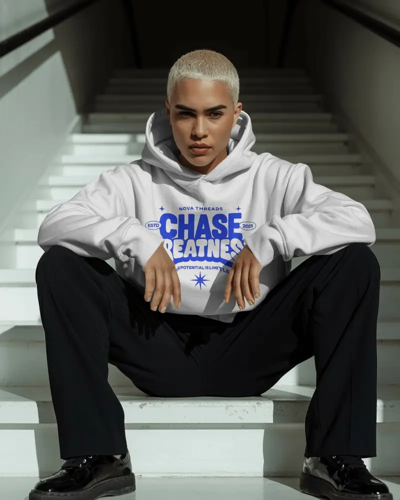 Dramatic Staircase Hoodie Mockup Model Seated In Strong Contrast Light