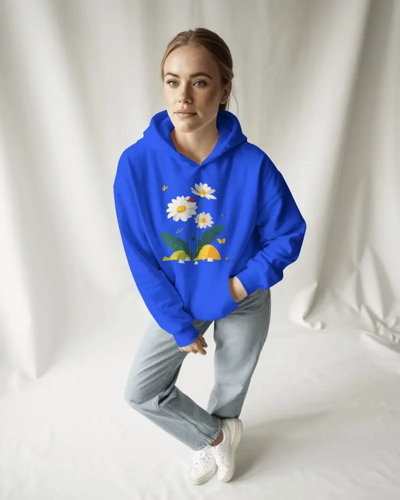 Soft Draped Backdrop Hoodie Mockup Female Model Standing In Minimal Studio