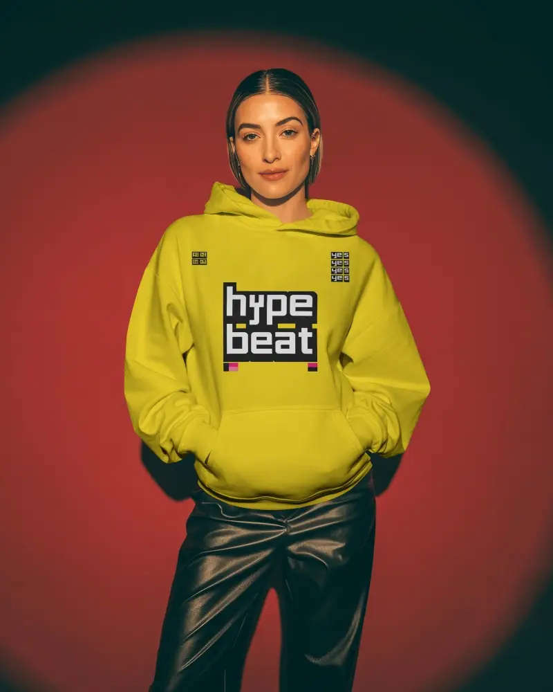 Dramatic Spotlight Hoodie Mockup Female Model Standing In Circular Light Contrast Scene