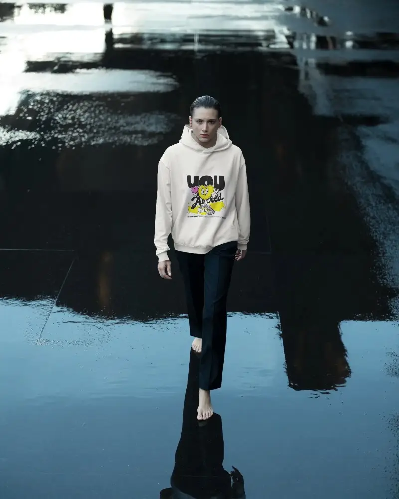 Urban Streetwear Mockup Barefoot Model Long Sleeve Casual Hoodie Mens Fashion Style