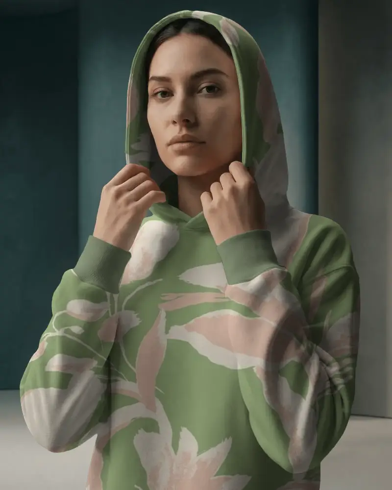 Realistic Hoodie Mockup Showcasing Modern Womens Casual Wear With Hood Up Pose Studio Shot