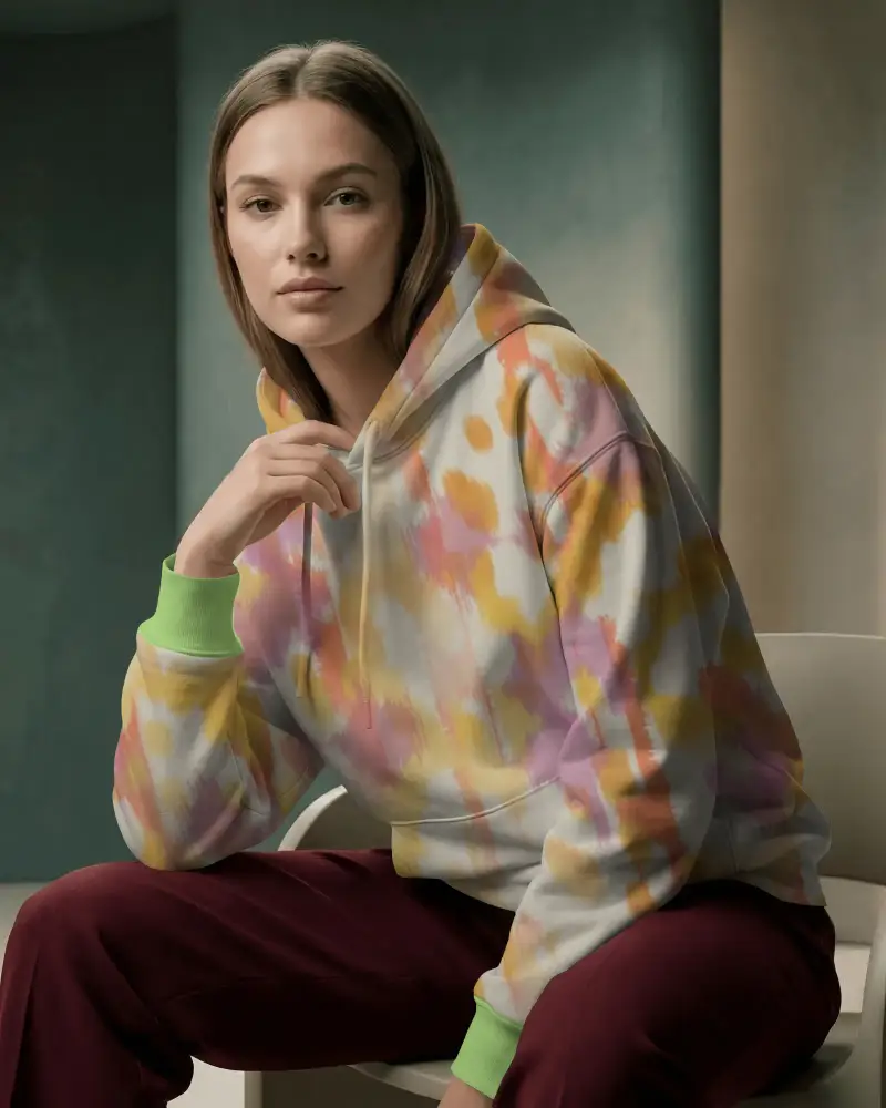 Realistic Women Hoodie Mockup Sitting In Modern Setting With Detailed Texture And Drape