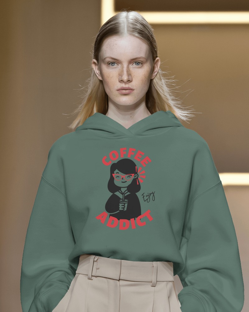 Modern Casual Hoodie Mockup Runway Inspired Look With Coffee Themed Graphic