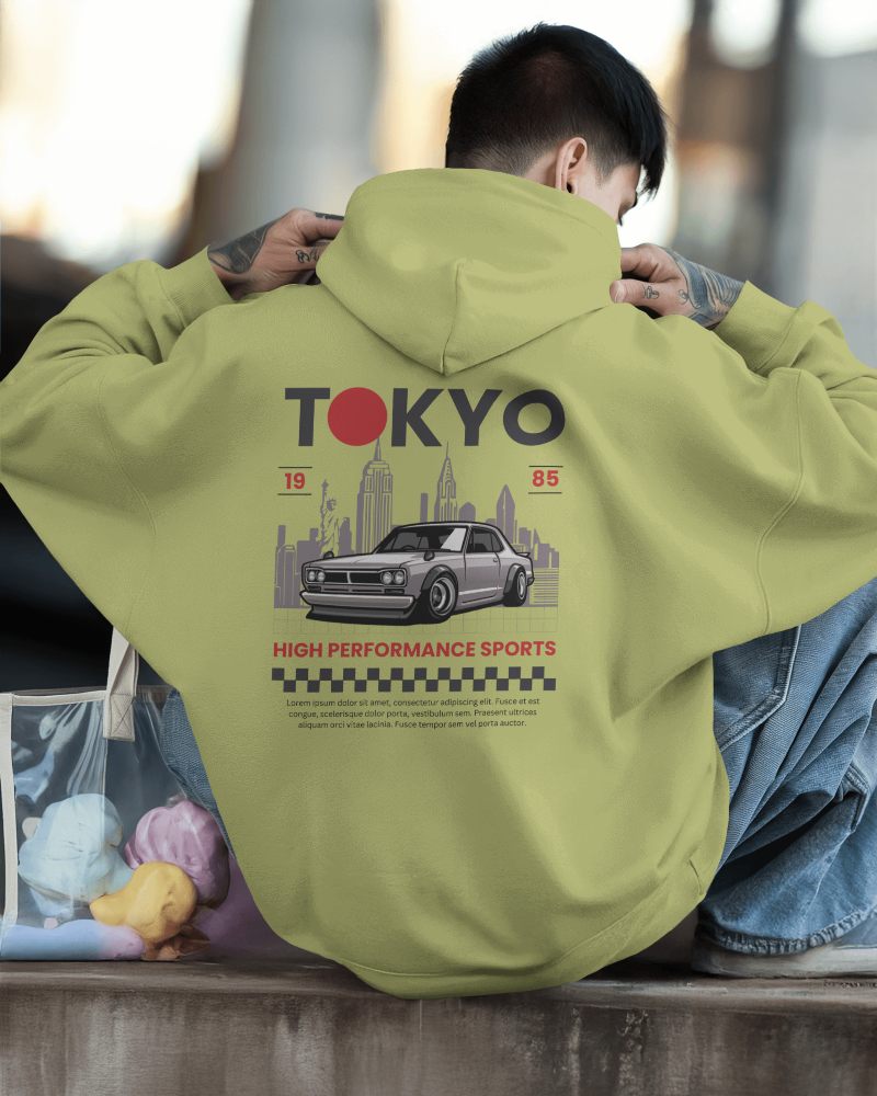 Tokyo Streetwear Hoodie Mockup Retro Car Design With Urban Skyline Vibes