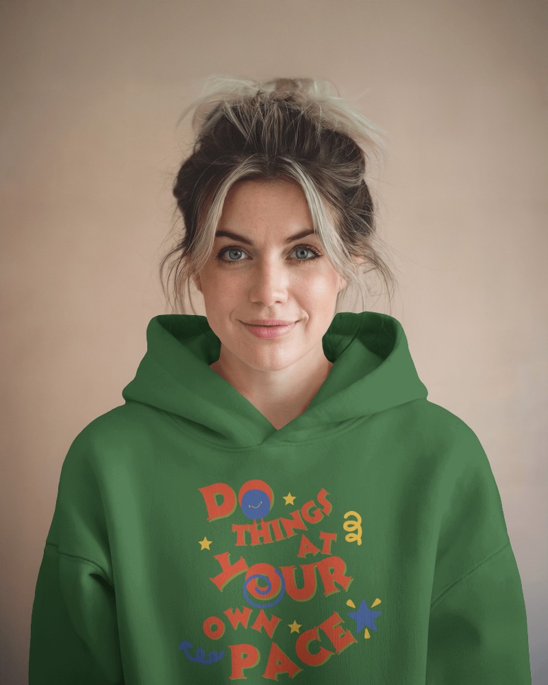 Relaxed Fit Hoodie Mockup Woman In Casual Green Apparel With Playful Typography
