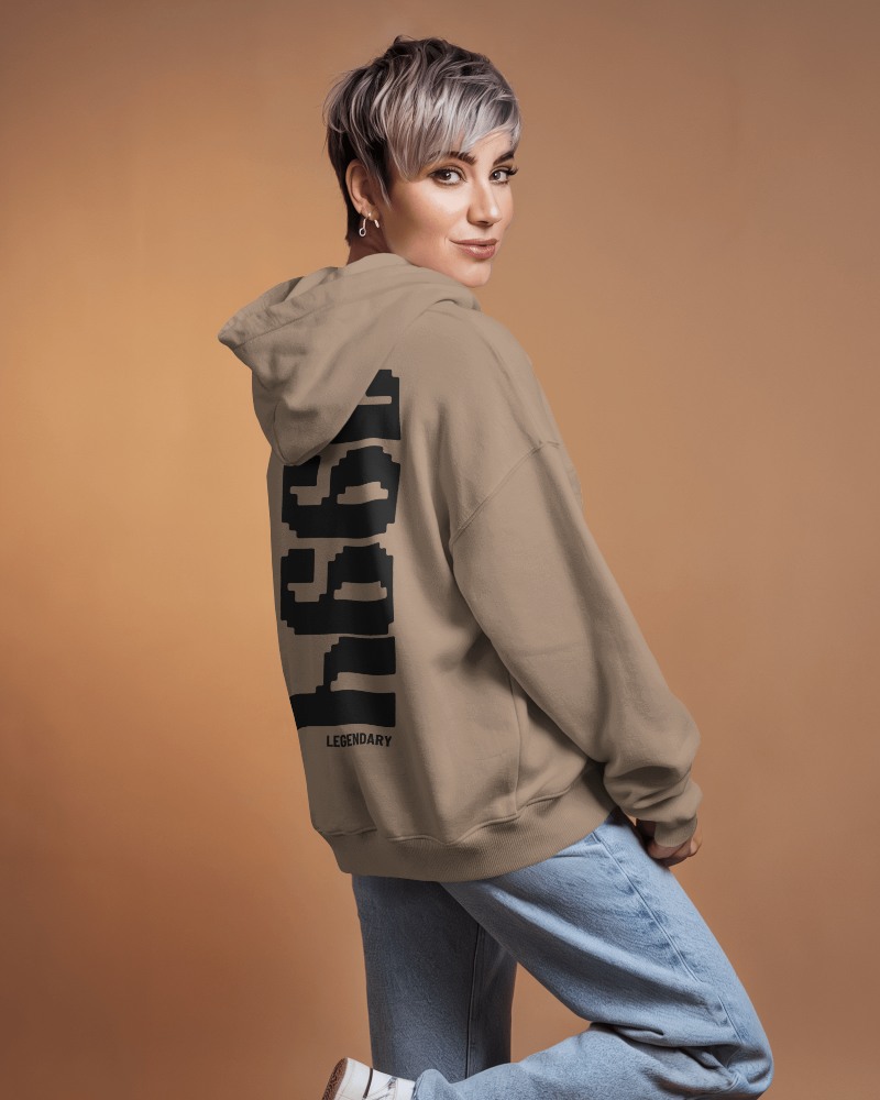 Taupe Hoodie Mockup Short Haired Female Model Casual Look With Minimalist Back Print