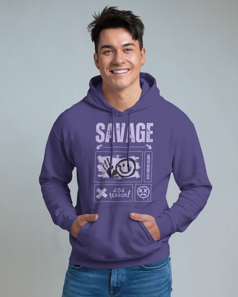 Bold Purple Hoodie Mockup Male Model Smiling Casual Urban Style Graphic Design