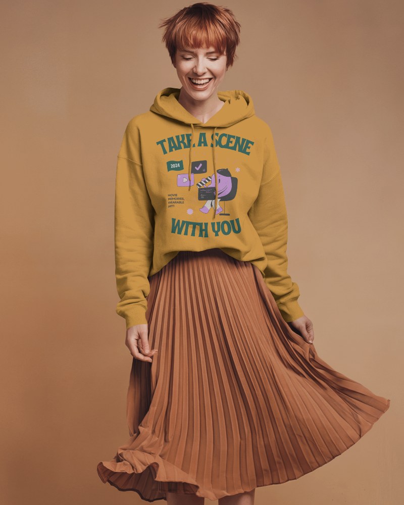 Mustard Yellow Hoodie Mockup Female Model Smiling Twirling Pleated Skirt Playful Aesthetic