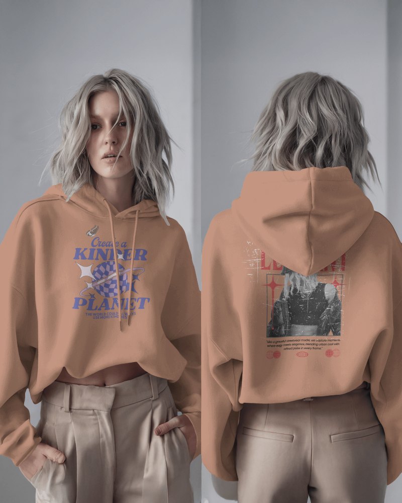 Oversized Hoodie Mockup Wavy Haired Female Model In Chic Brown Tones With Vintage Inspired Graphic Elements