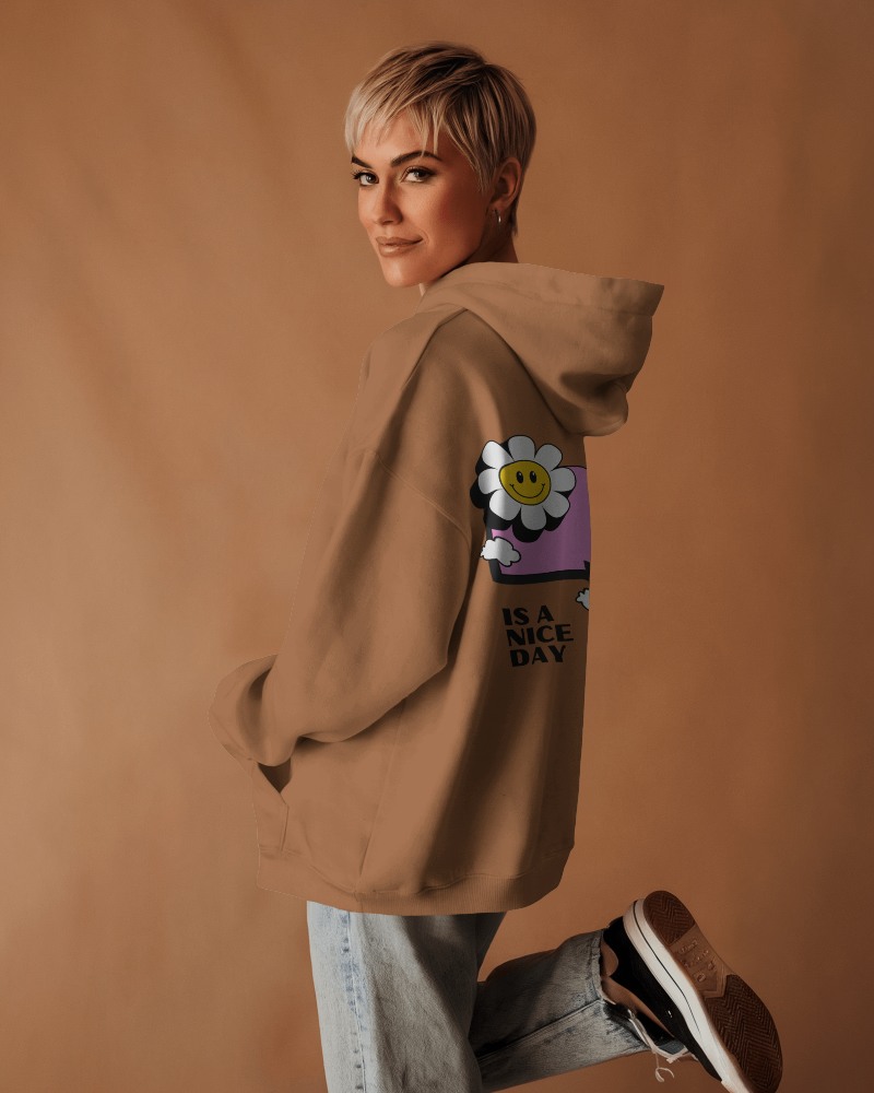 Earth Tone Hoodie Mockup Female Model Soft Lighting Cozy Streetwear Vibe