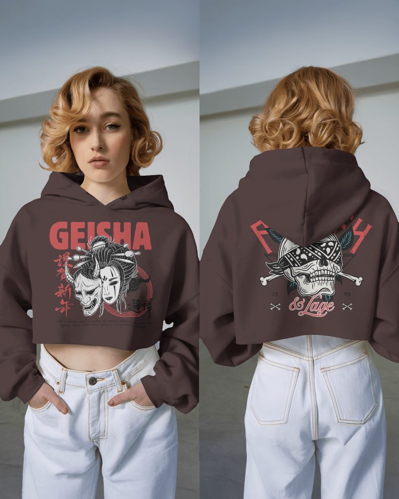 Trendy Japanese Themed Hoodie Mockup Female Model Front And Back Design Bold Graphics