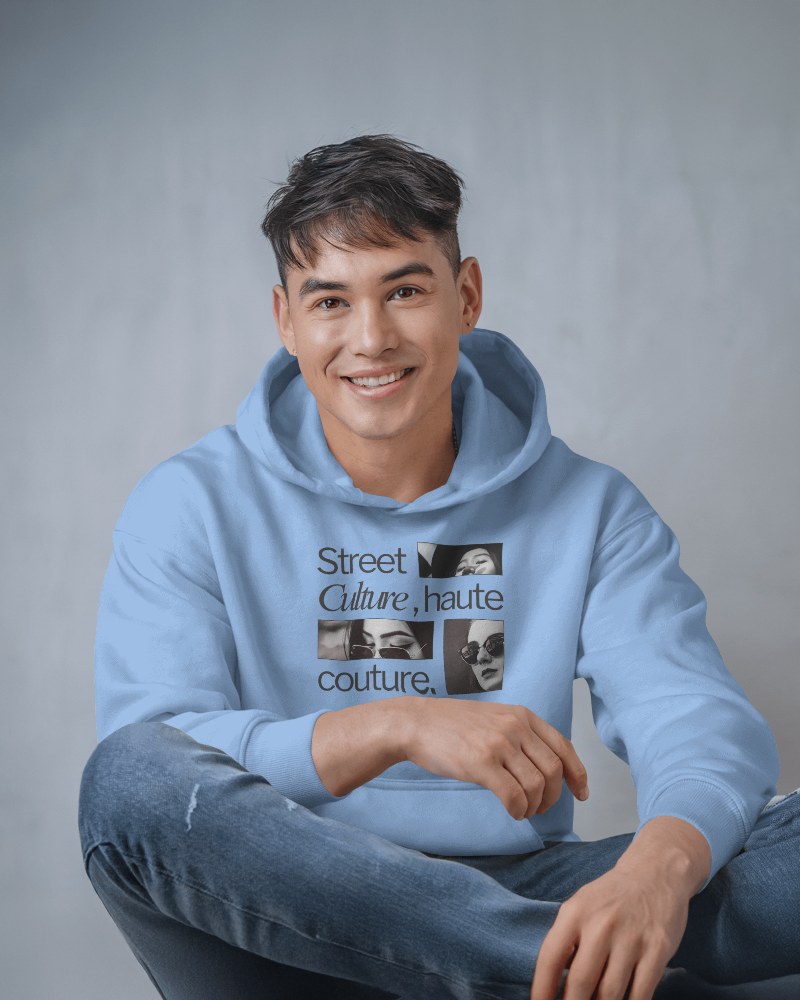 Premium Casual Hoodie Mockup Light Blue Color Streetwear Inspiration Male Model