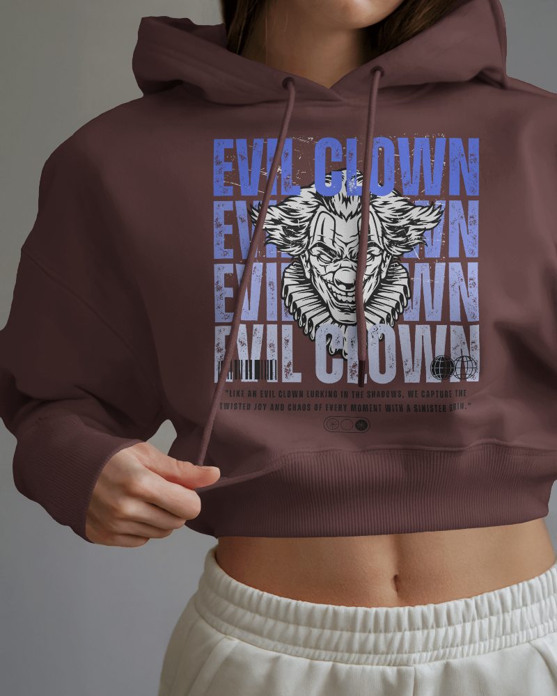 Grunge Style Hoodie Mockup Evil Clown Front Graphic Bold Blue Text Edgy Look