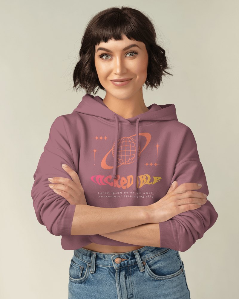 Aesthetic Hoodie Mockup Female Model Folded Arms Galactic Themed Print