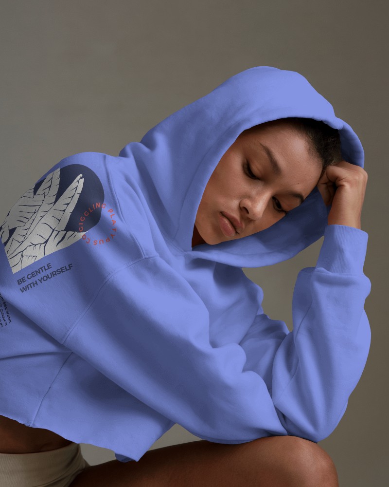 Soft Blue Hoodie Mockup Cropped Fit Sleeve Print Motivational Text Nature Inspired