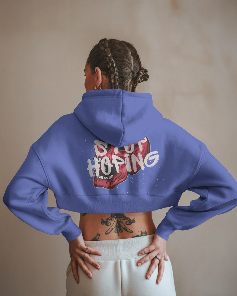 Cropped Hoodie Mockup Female Model Showing Back With Bold Graphic Design Trendy Look