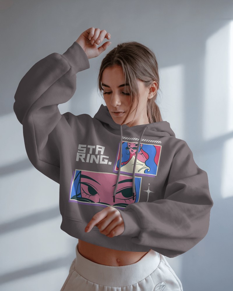 Retro Anime Hoodie Mockup Woman Wearing Modern Streetwear With Vintage Style Print
