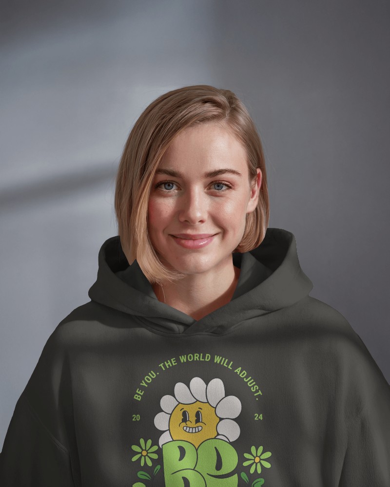 Modern Graphic Hoodie Mockup Female Model Casual Smile
