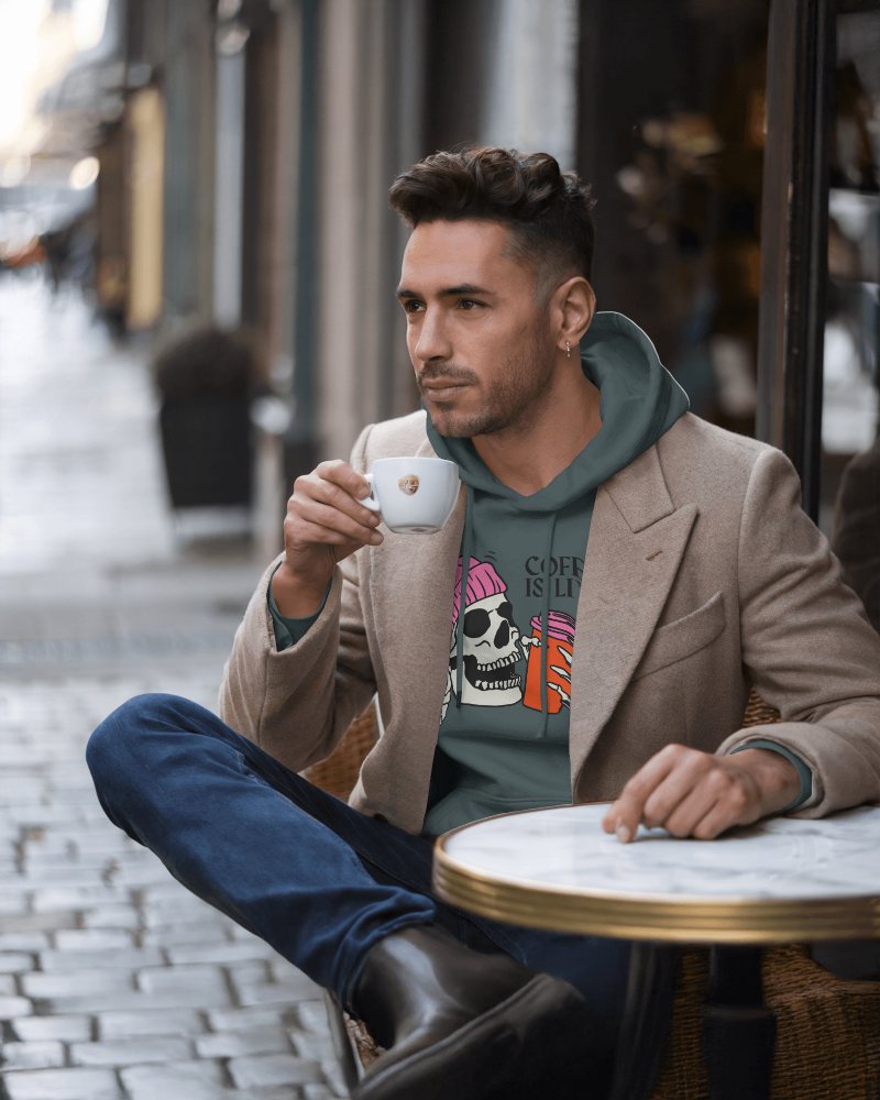 Fashionable Male Hoodie Mockup Streetside Cafe Relaxed Moment
