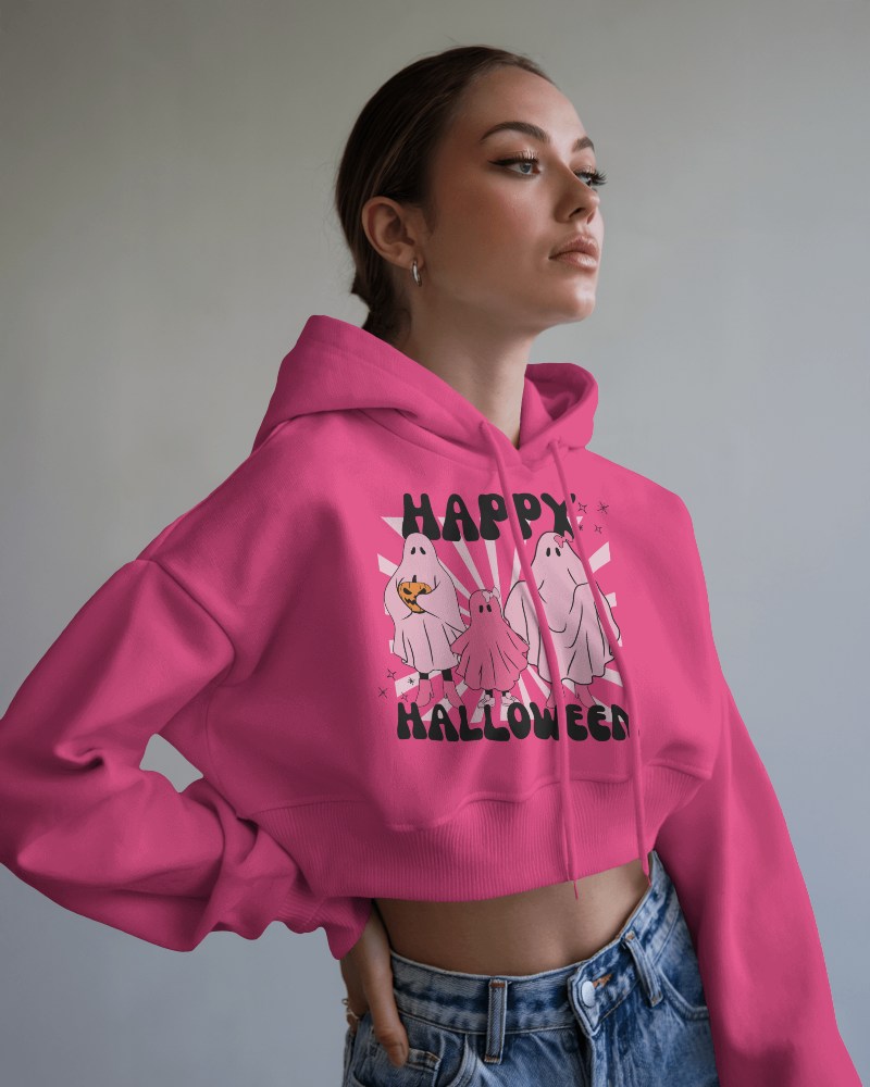 Cropped Sleeve Pink Hoodie Mockup Female Model Halloween Ghosts