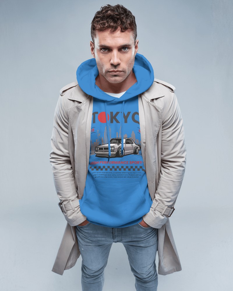 Front Facing Male Model Hoodie Mockup Tokyo Graphic Print