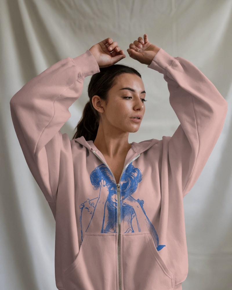 Relaxed Fit Zip Up Hoodie Mockup Female Model Casual Pose