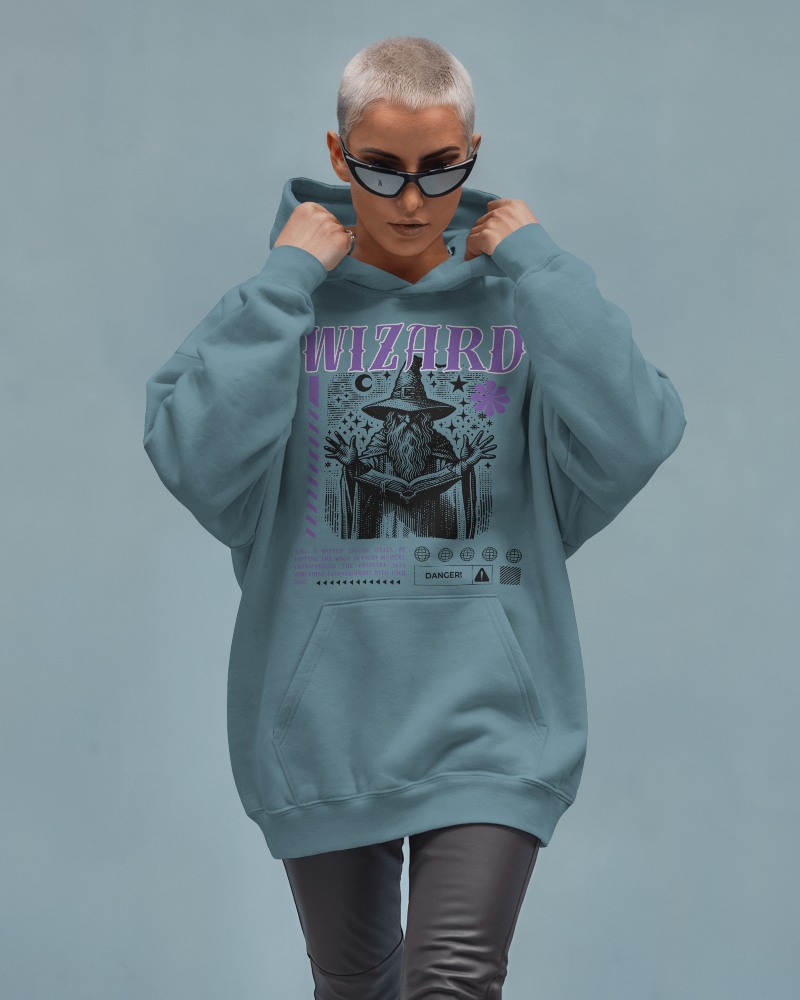 Urban Teal Hoodie Mockup Female Model With Wizard Design Street Fashion