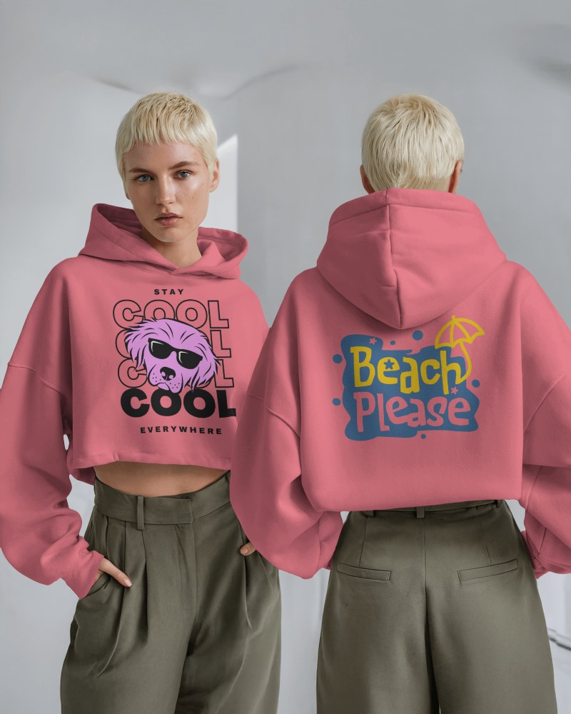 Trendy Crop Pink Hoodie Mockup Beach Please Design Summer Vibes Casual Wear
