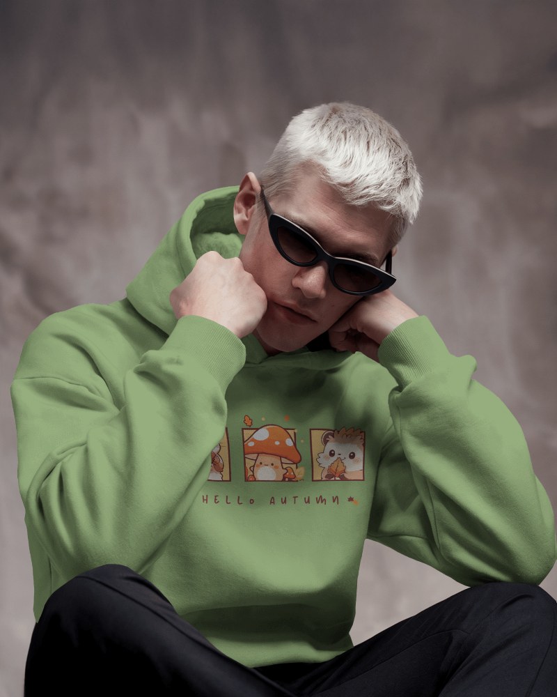 Relaxed Fit Green Hoodie Mockup Male Model Cool Autumn Vibes Sweatshirt