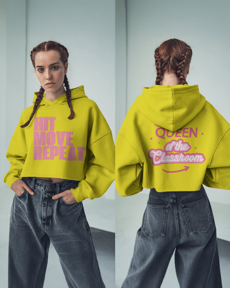 Neon Yellow Hoodie Mockup Female Model With Braided Hair Posing In Minimalist Studio Background Casual Streetwear Look