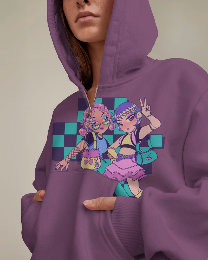Trendy Anime Graphic On Purple Hoodie Mockup Female Model With Comfortable Casual Street Style